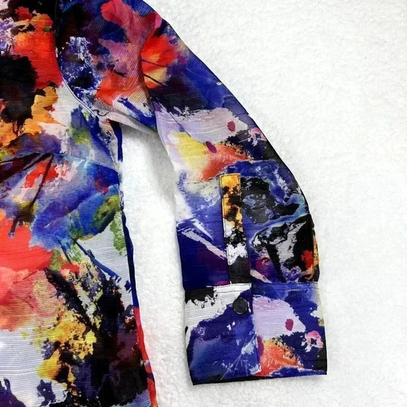 JOHN MARK MIXED PRINT BLUE BUTTON FRONT LONG SHEER TUNIC BLOUSE TOP SIZE SMALL - Picture 11 of 13